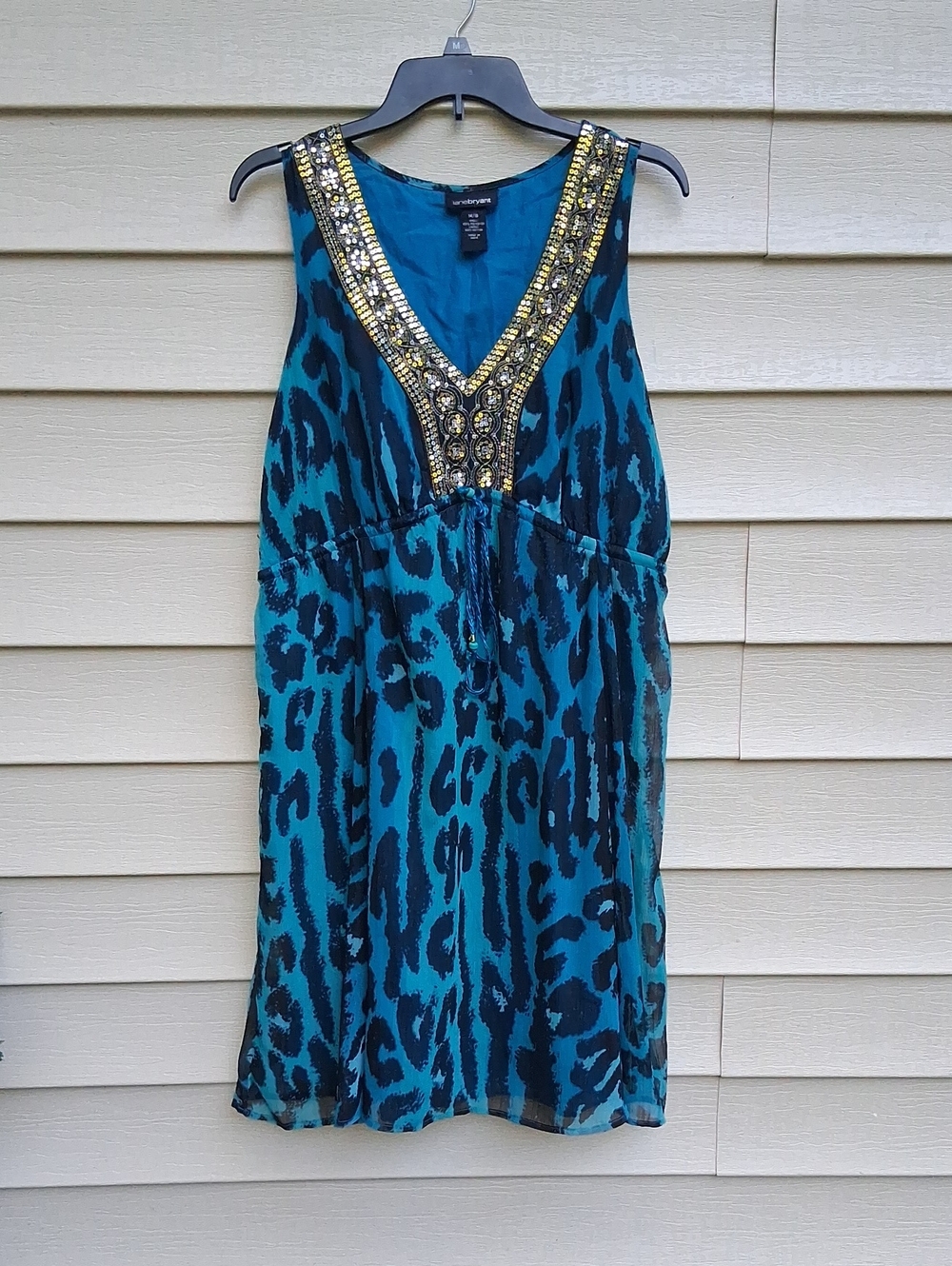Lane Bryant Teal and Black Leopard-Print Midi Dress‎ with Gold Beaded V-Neck